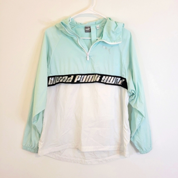 Puma White Mint Teal Windbreaker Pullover Jacket Sporty XS - Picture 1 of 9
